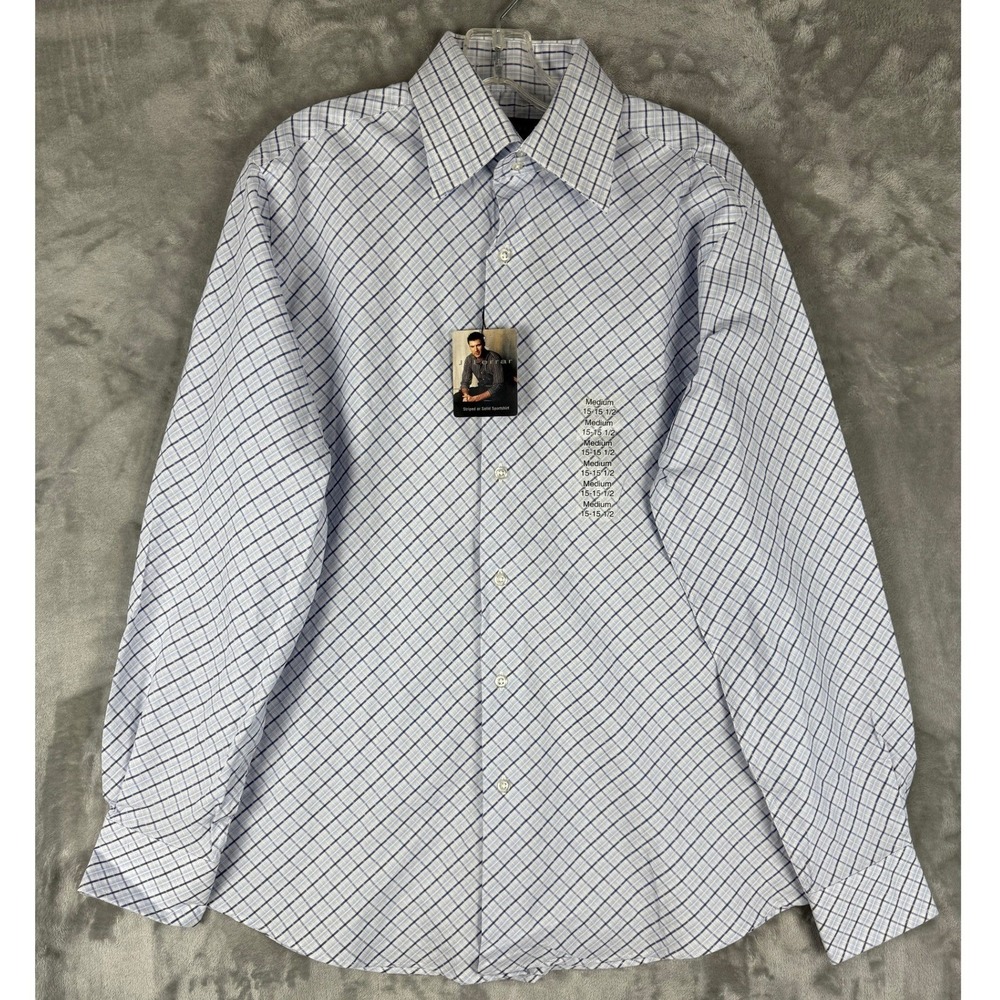 NWT J Ferrar Mens Medium Blue White Plaid Long Sleeve Button Up Shirt 15-15.5